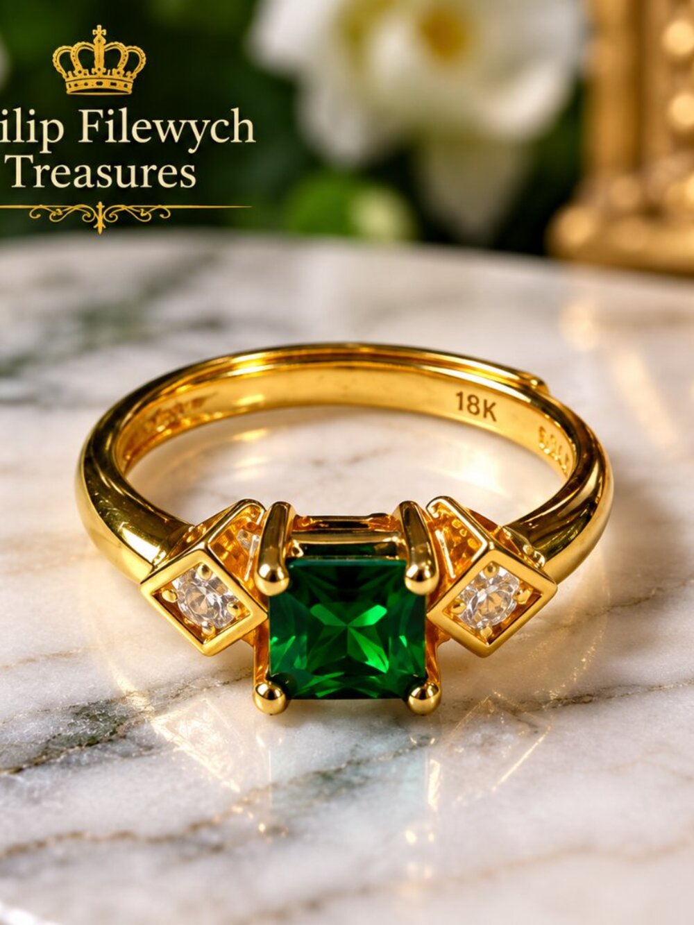 Ring-45--18K 750 Yellow Gold Green Gemstone Ring – Resizable – 3 g – Vintage Sty